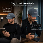 Man wearing Haloral red light therapy cap with plug-in and power bank options for home, office and travel use
