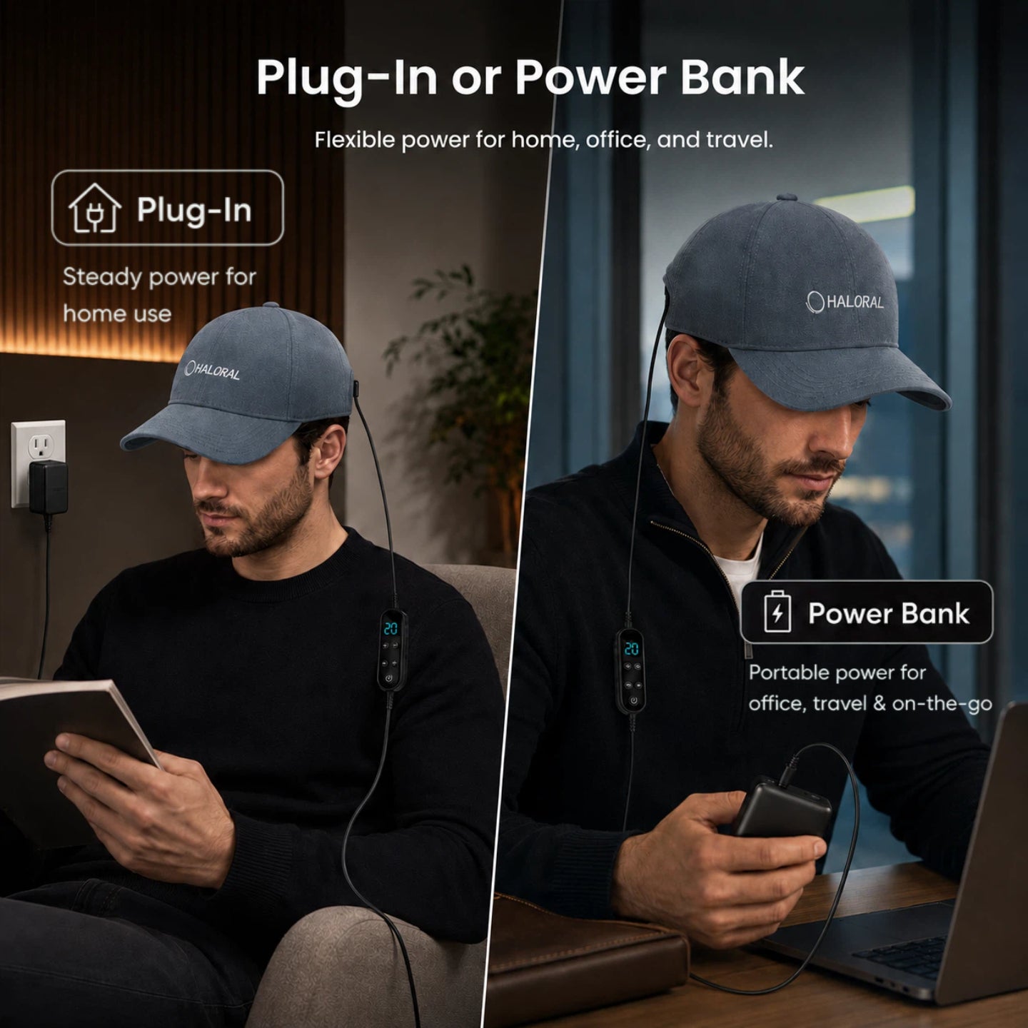 Man wearing Haloral red light therapy cap with plug-in and power bank options for home, office and travel use