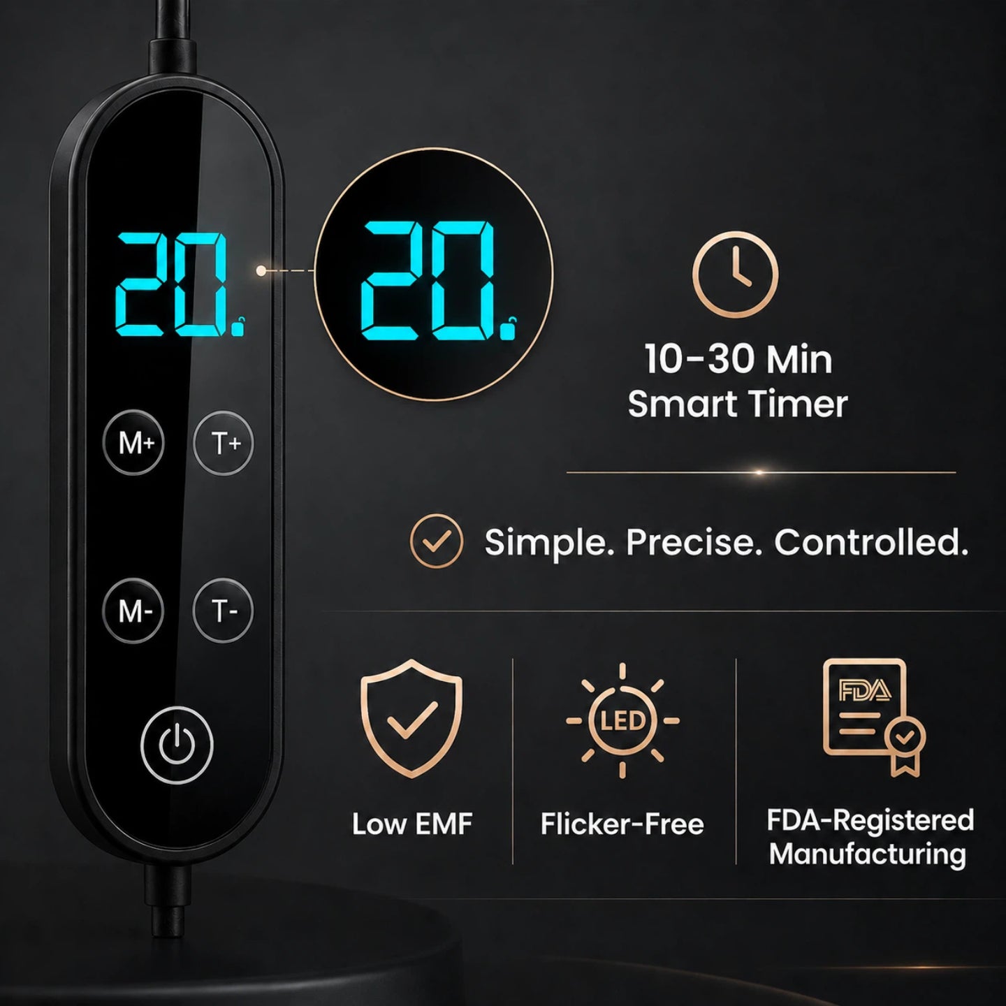 Haloral red light therapy cap digital controller with 10 to 30 minute smart timer, low EMF, flicker-free LEDs and FDA-registered manufacturing