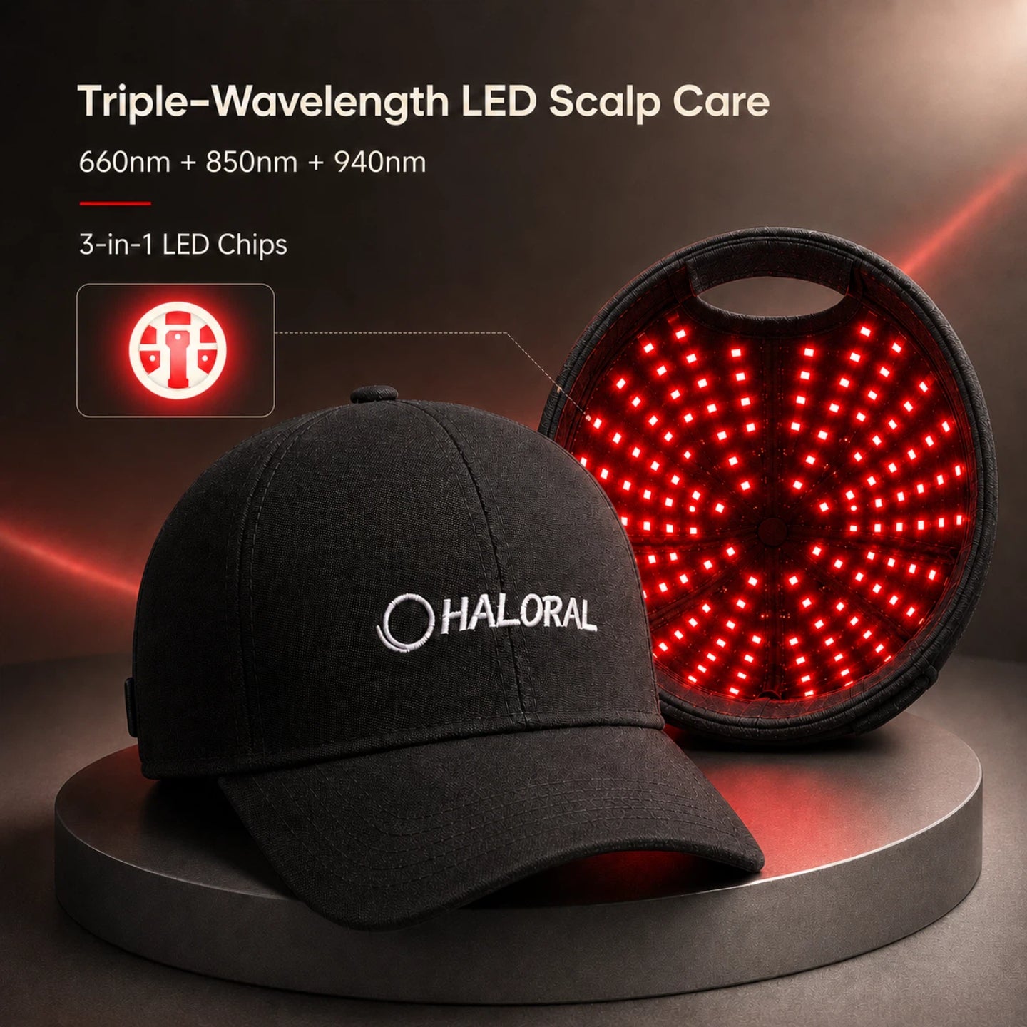 Haloral red light therapy cap featuring 660nm, 850nm and 940nm triple-wavelength LED scalp care