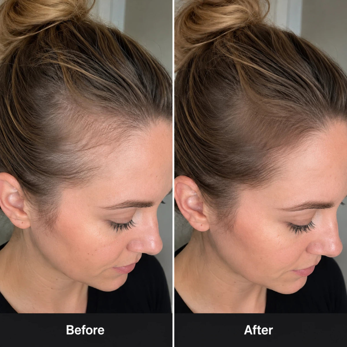 Before and after comparison showing fuller-looking hairline results for women using red light therapy scalp care