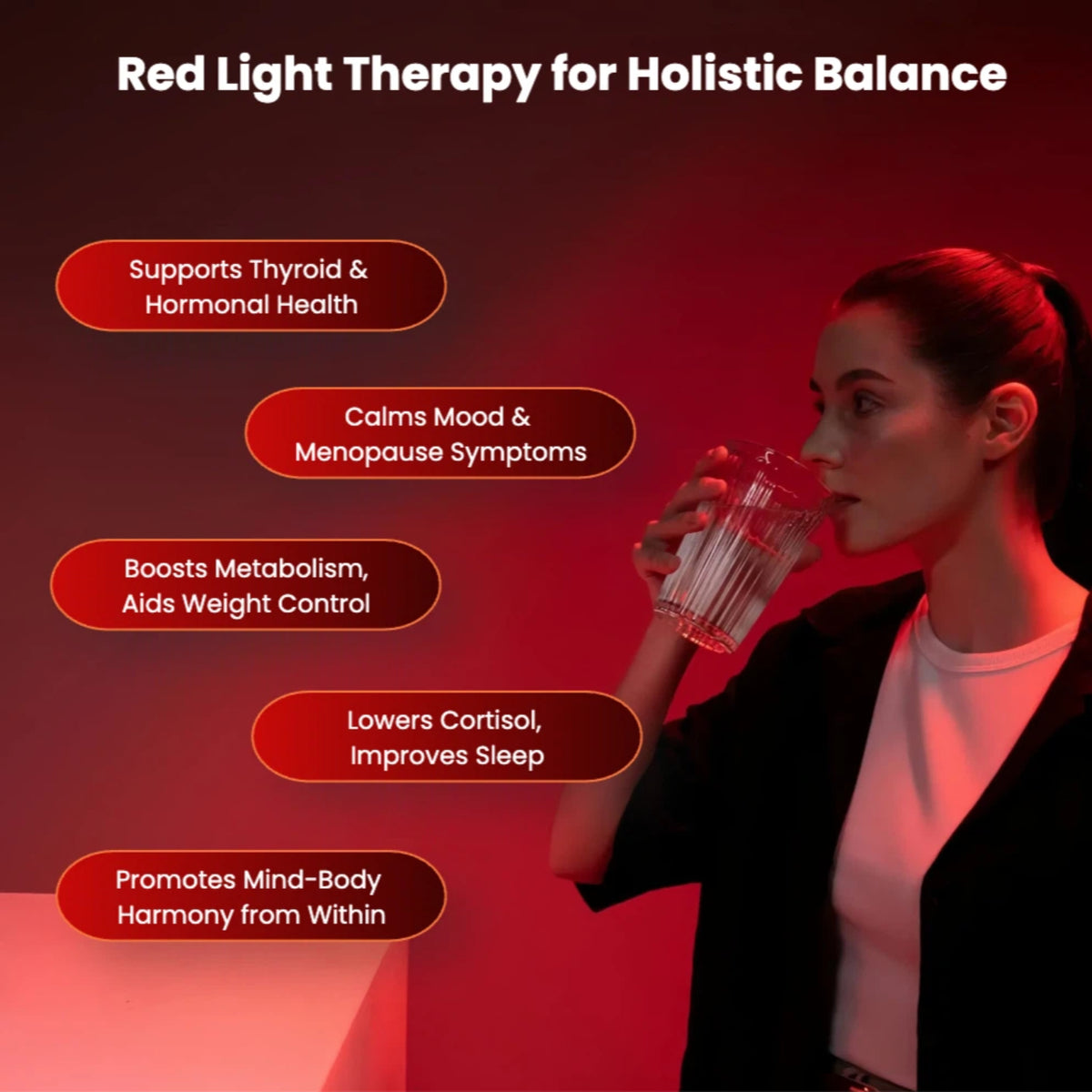 Lifestyle image highlighting red light therapy for holistic wellness, relaxation, sleep support and mind-body balance.