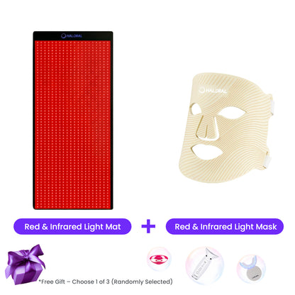 Promotional bundle including Haloral red light therapy mat and LED face mask, plus free gift options for complete wellness.