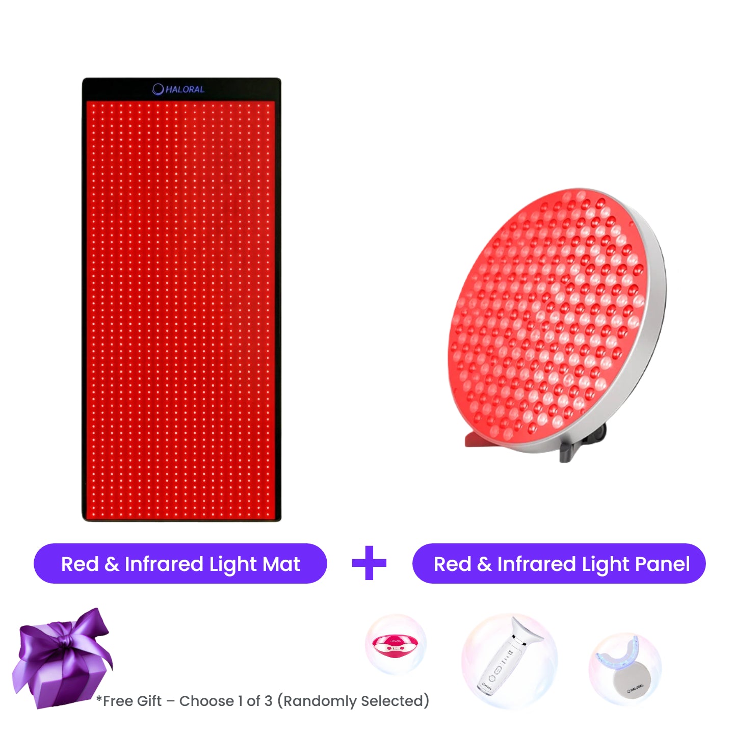 Wellness combo kit featuring Haloral full-body mat and portable red light therapy panel with adjustable stand and free gifts.