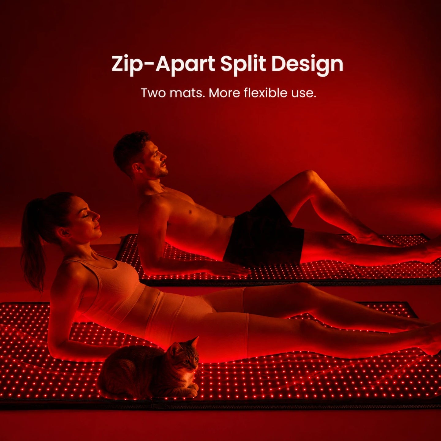 Haloral Red and Infrared Light Therapy Bag with zip-apart split design, separated into two flexible light therapy mats for shared full-body use at home.