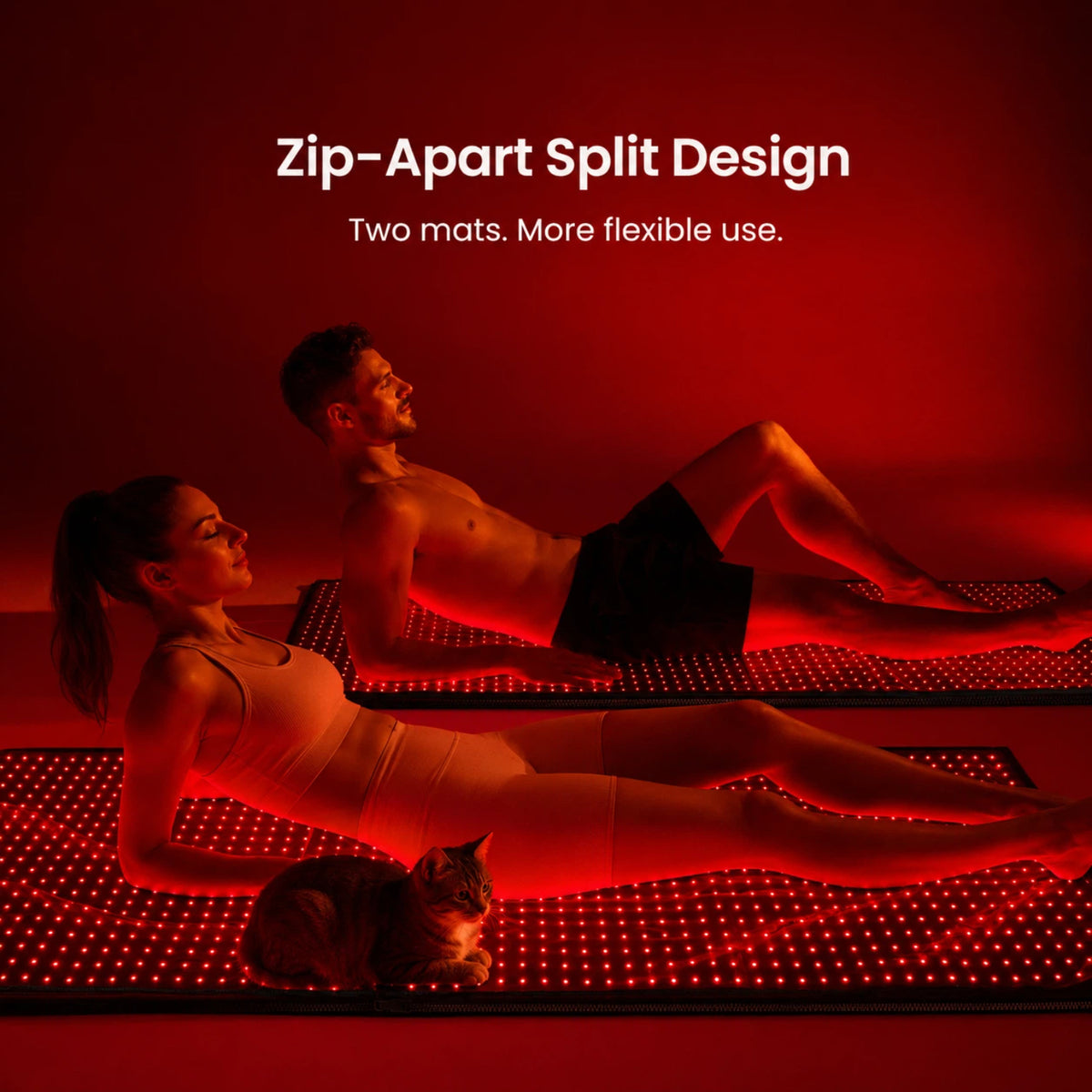 Haloral Red and Infrared Light Therapy Bag with zip-apart split design, separated into two flexible light therapy mats for shared full-body use at home.