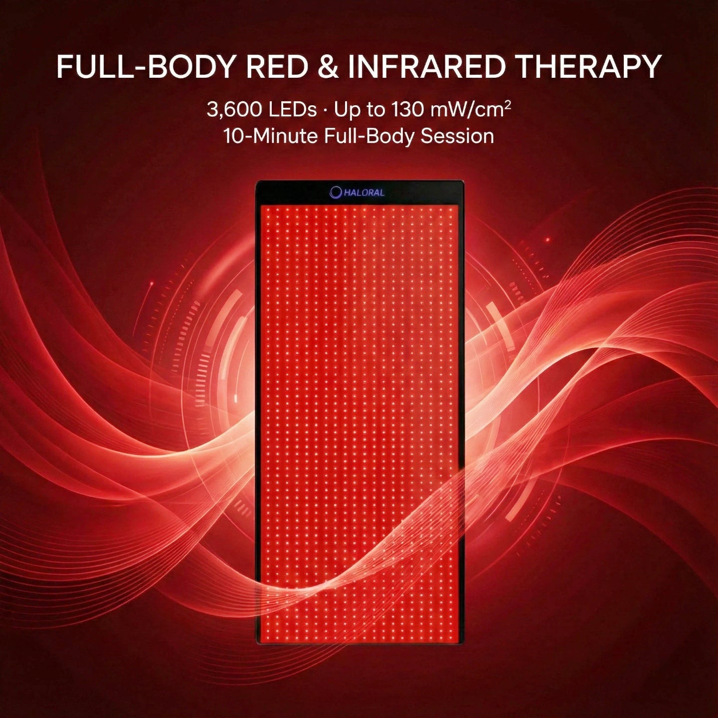 Technical specifications of Haloral mat showing 3600 LEDs and up to 130 mW/cm² irradiance for deep tissue penetration and rapid recovery.