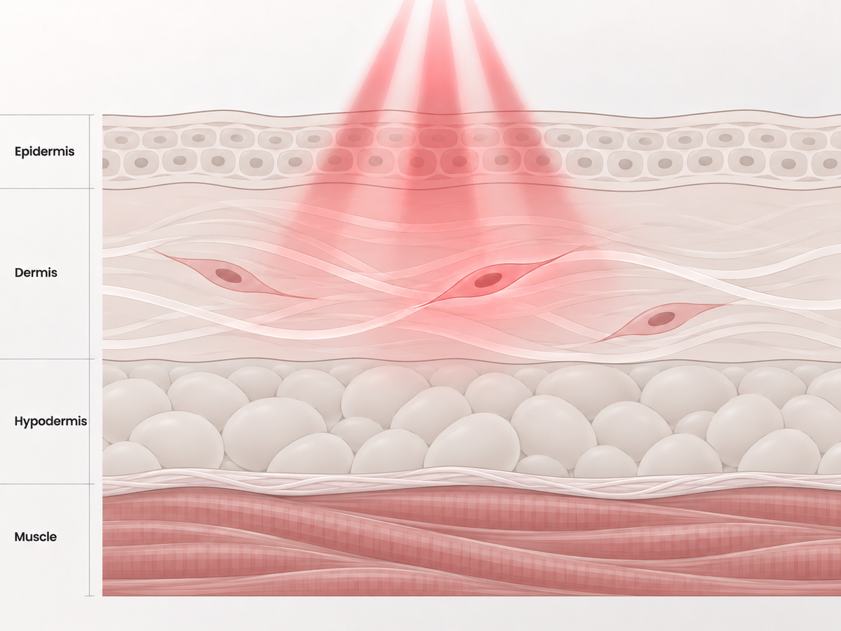 Skin cross-section showing the illustrated reach of red light