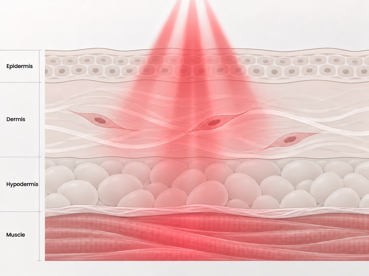 Skin cross-section showing the illustrated reach of red light
