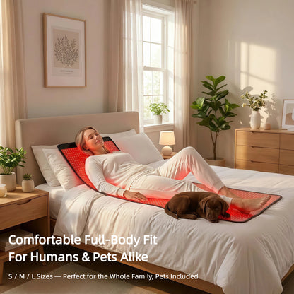 Woman and dog relaxing on Haloral full-body red light therapy mat, illustrating comfortable design suitable for humans and pets.