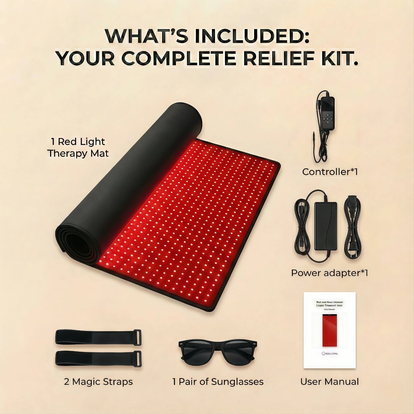 Complete relief kit contents: Haloral red light therapy mat, digital controller, power adapter, magic straps, and protective sunglasses.