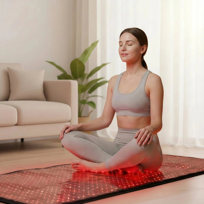 Woman practicing meditation on a Haloral red light therapy mat, combining yoga with infrared therapy for relaxation and mental wellness.