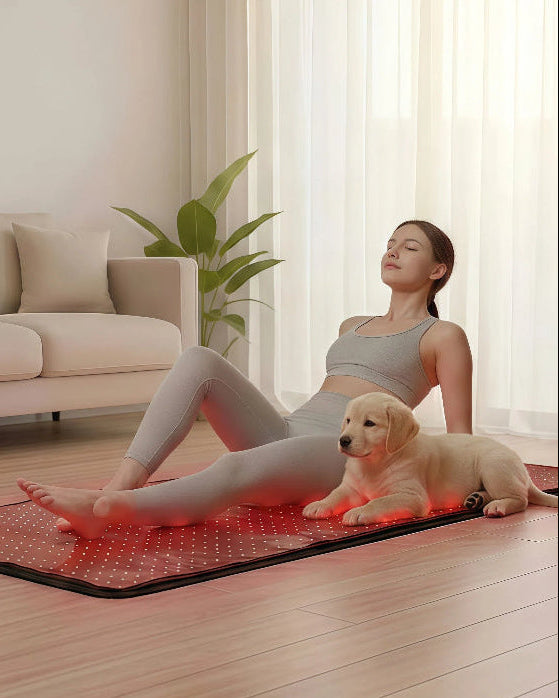 Woman exercising on a mat with a puppy beside her in a bright room.