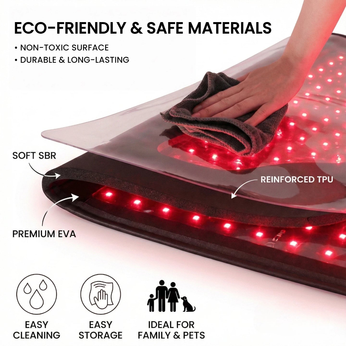 Close-up of Haloral therapy mat showing waterproof, eco-friendly EVA and TPU materials, easy to clean and safe for family use.